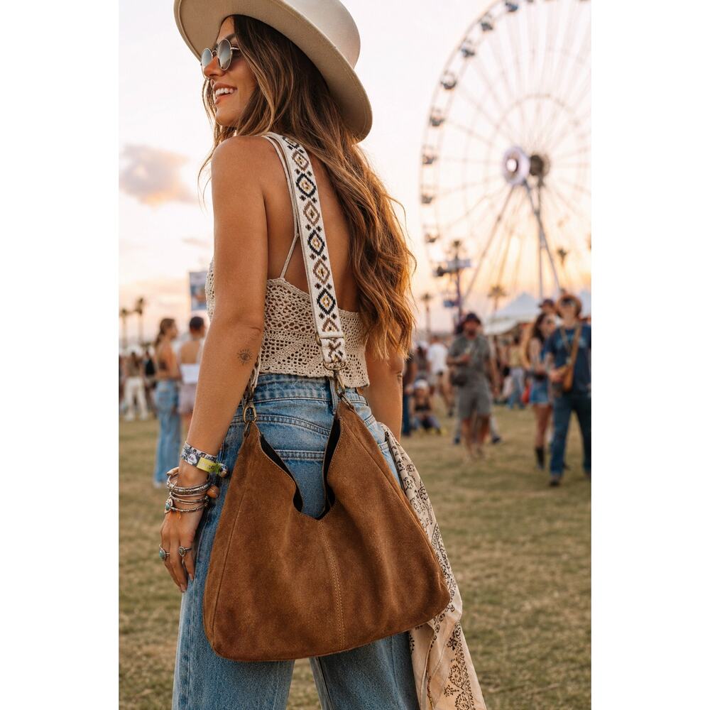 Slouchy Cognac Suede Hobo ✨ Boho Leather Bag with Woven Guitar Strap